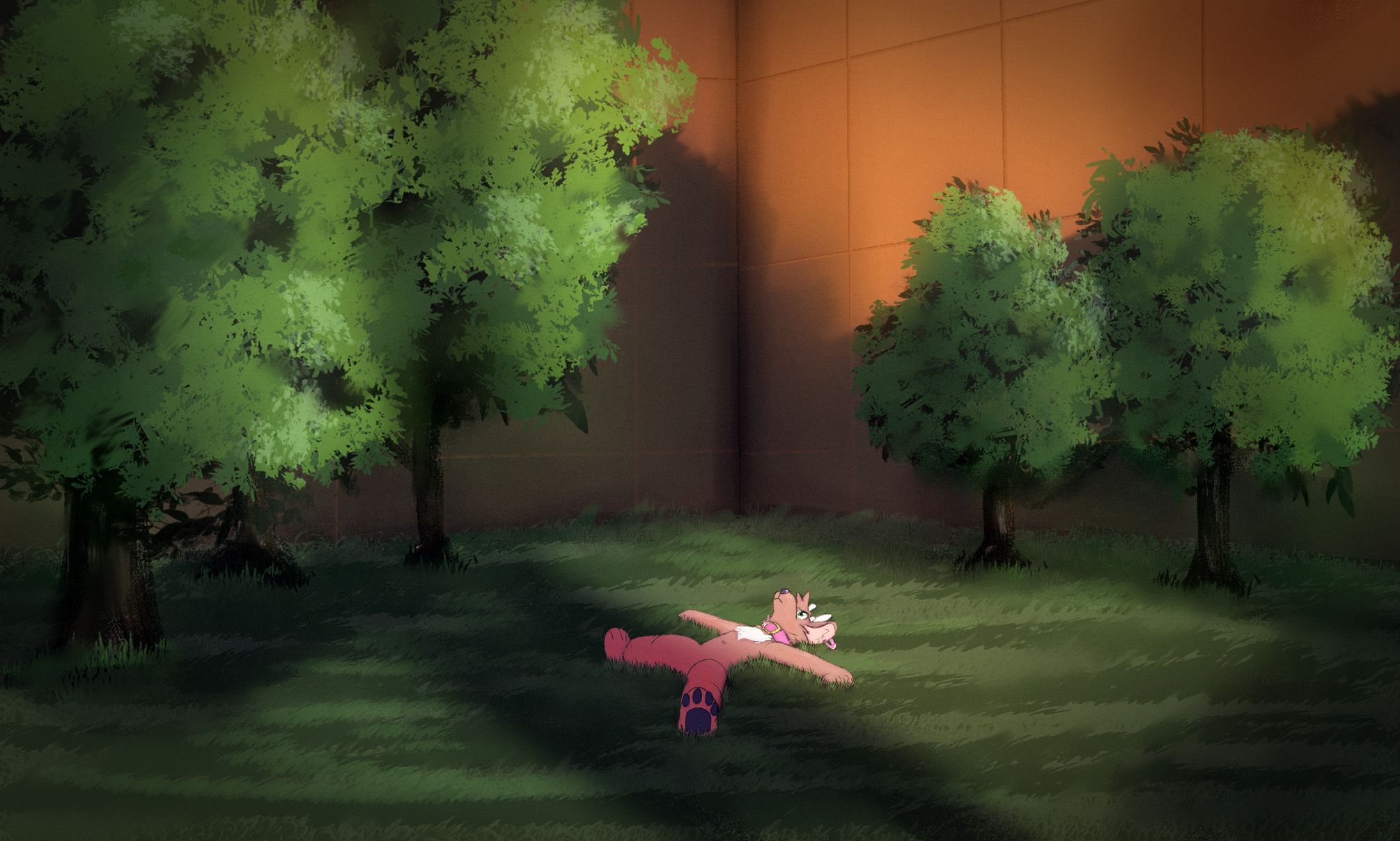 pivot (deer dog) laying on their back in the grass looking up at the sky, in between the corner of two tall walls surrounded by a few trees. their body is half cast in shadow. their expression is fairly neutral. are they sad? relaxed? contemplative?